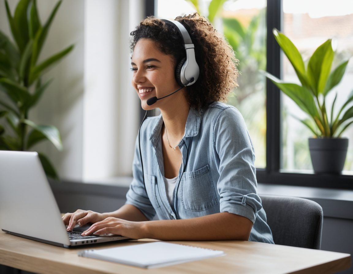 Atendente trabalhando de casa com fone e notebook