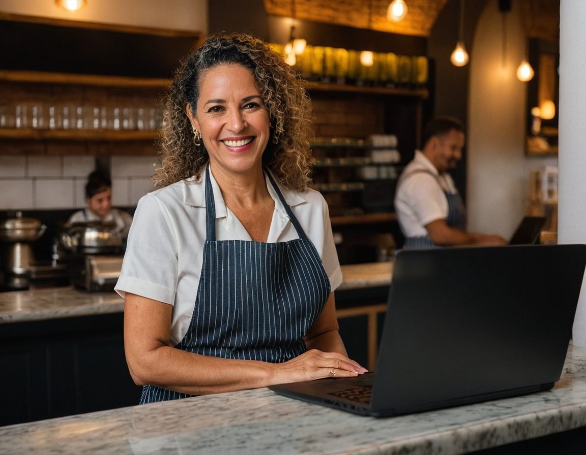 Dona do restaurante no balcão, conferindo o painel no notebook