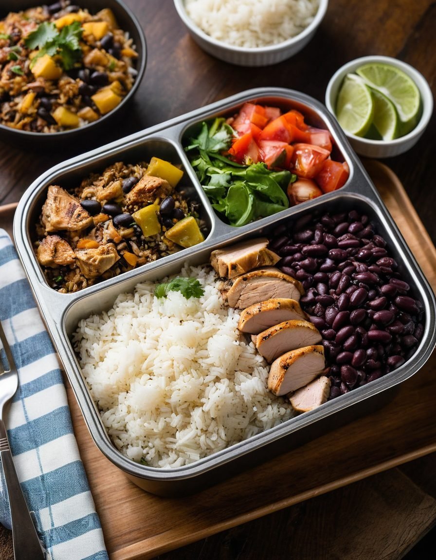 Marmita com arroz, feijão, frango grelhado e salada