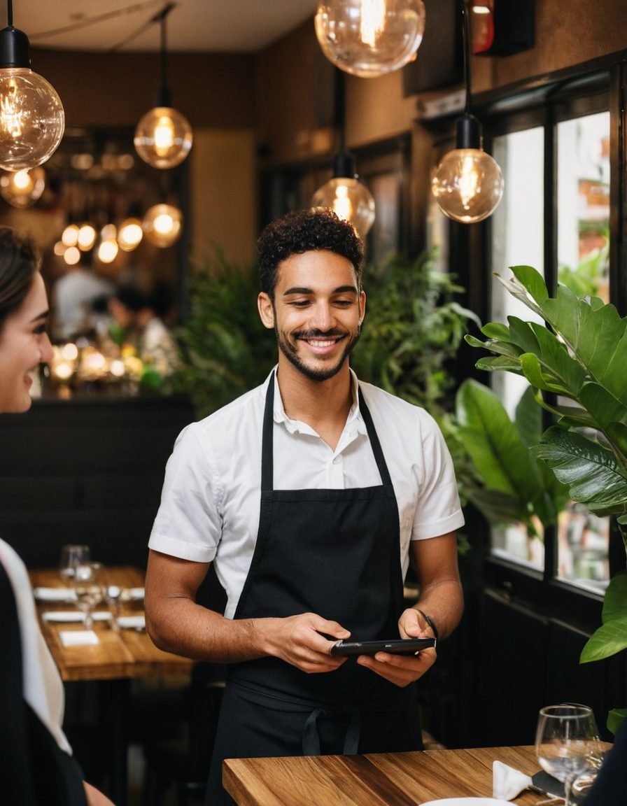 Garçom atendendo um casal à mesa com o celular na mão