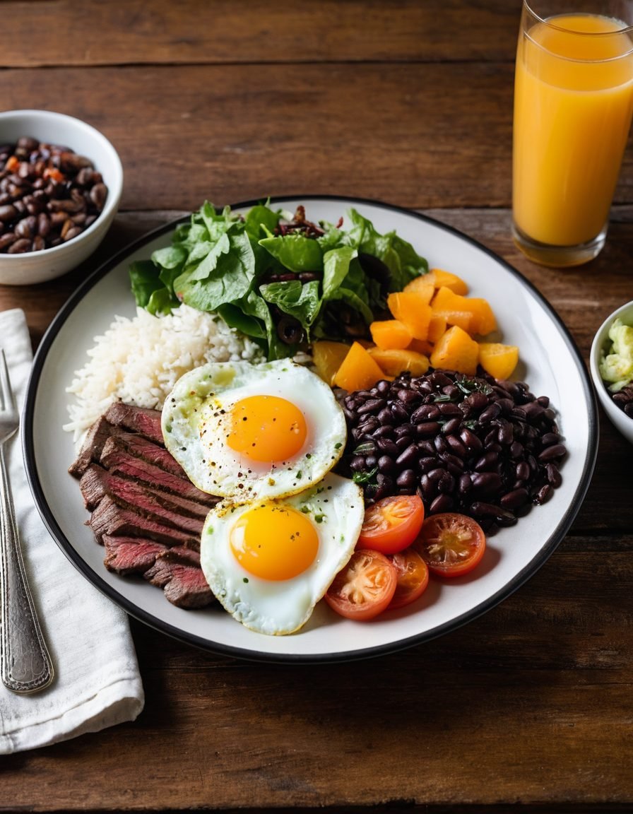 Feijoada servida com arroz, farofa, couve e laranja