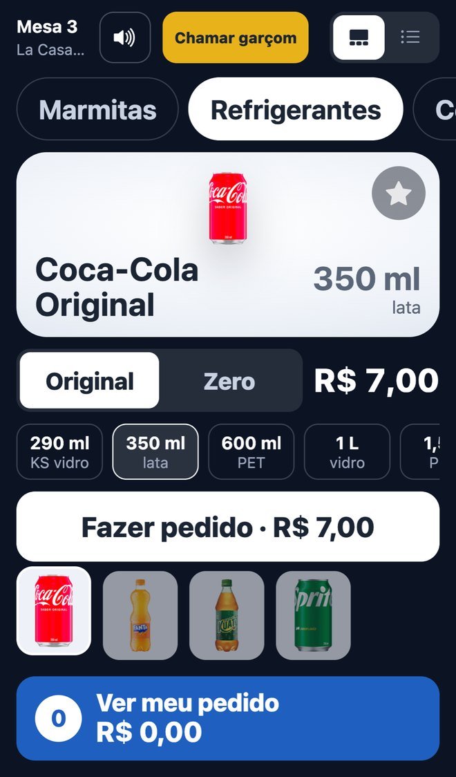 Tela real do cardápio: Coca-Cola Original ou Zero e os tamanhos
