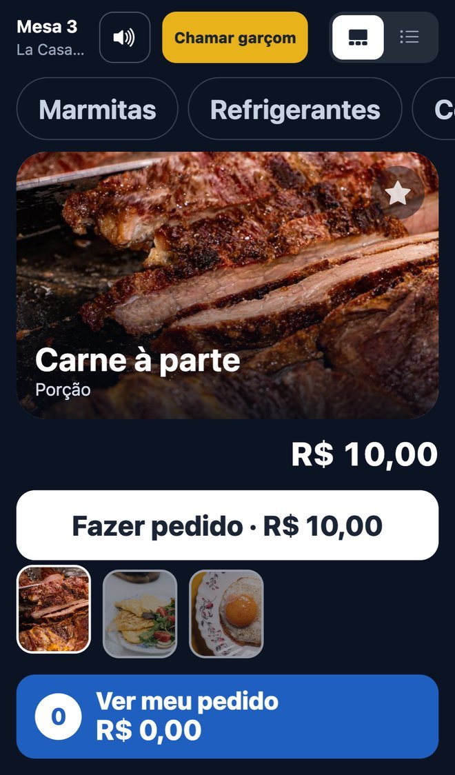 Tela real do cardápio da mesa no celular: foto grande do prato, preço e Fazer pedido