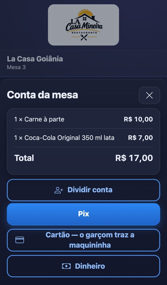 Tela real da conta da mesa: Dividir conta, Pix, Cartão e Dinheiro