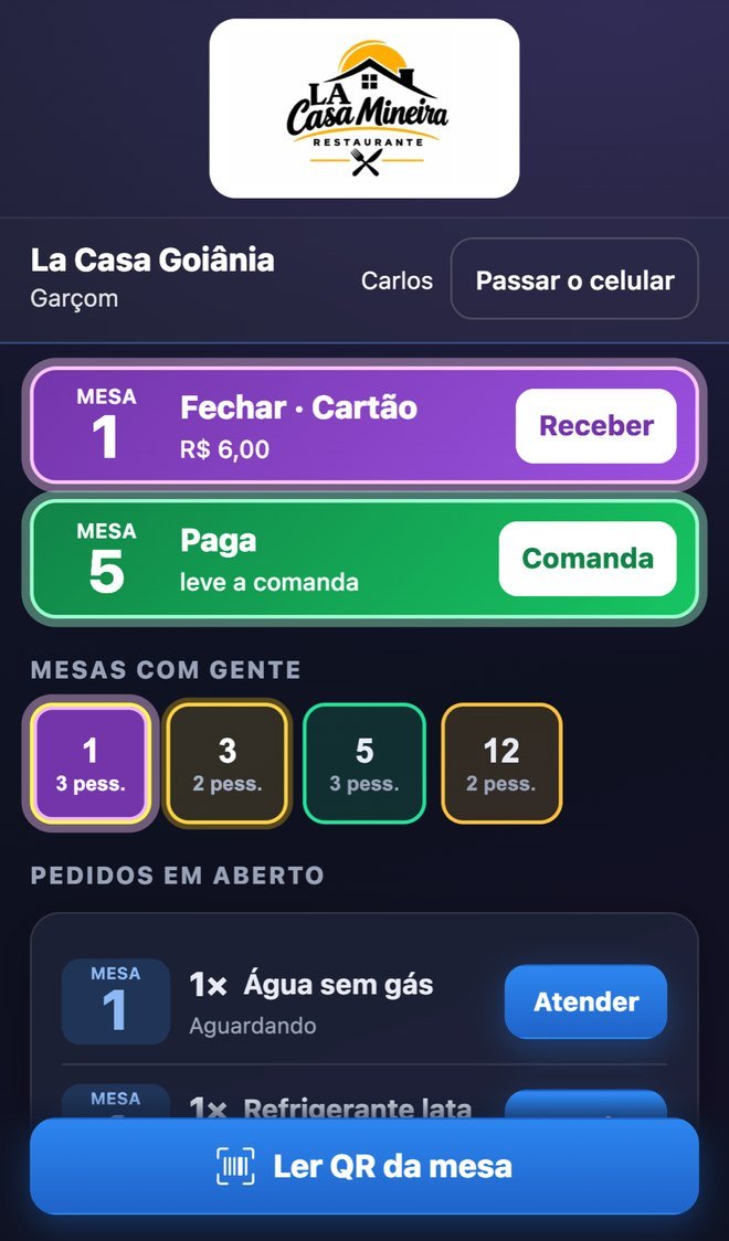 Tela real do garçom: mesas com gente, pedidos em aberto e Ler QR da mesa