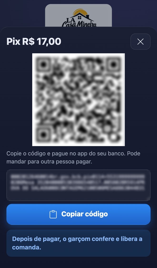 Tela real do Pix da mesa, com o QR Code e o código desfocados