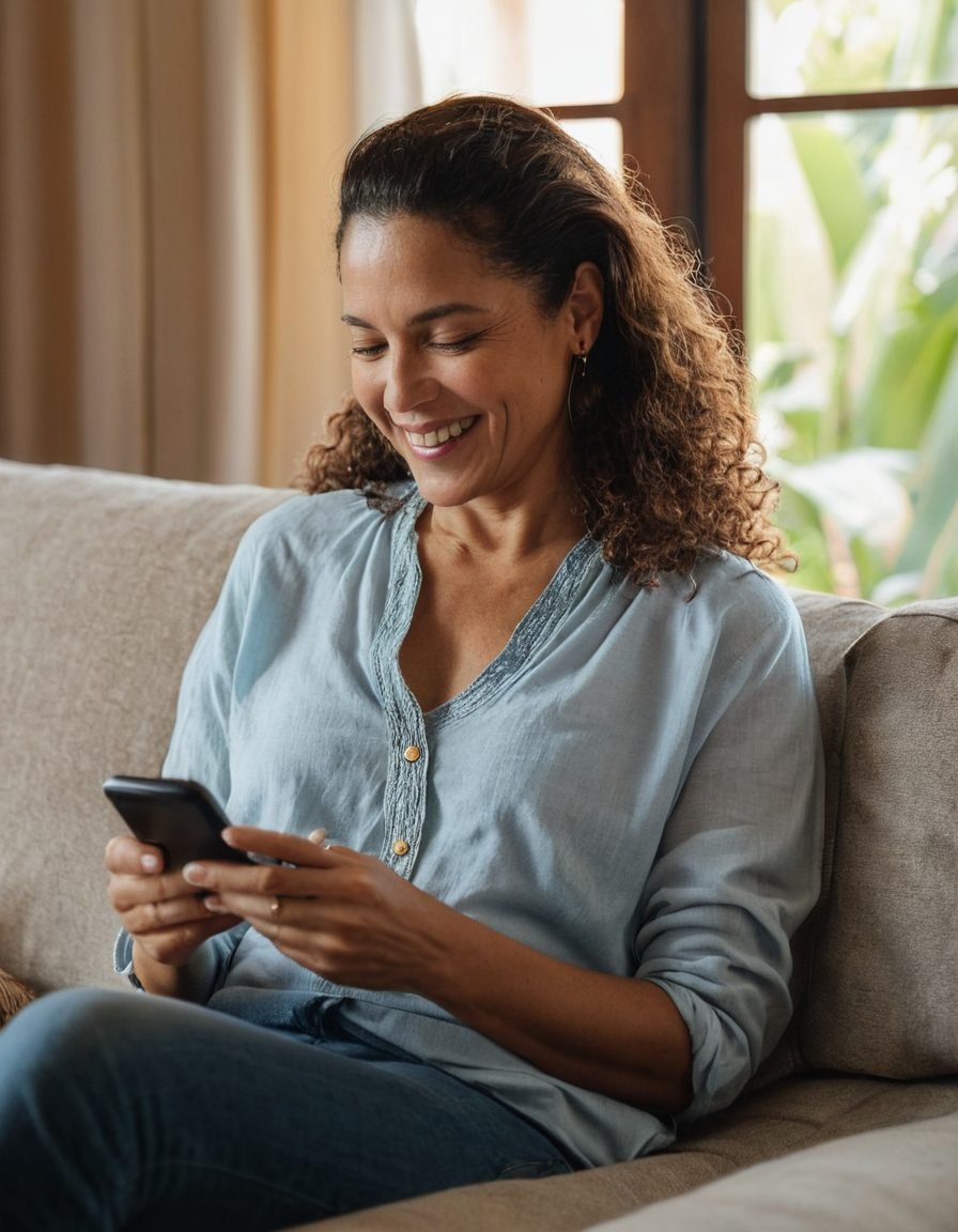 Cliente sorrindo enquanto lê uma mensagem no celular